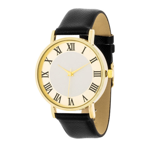 Gold Classic Watch With Black Leather Strap