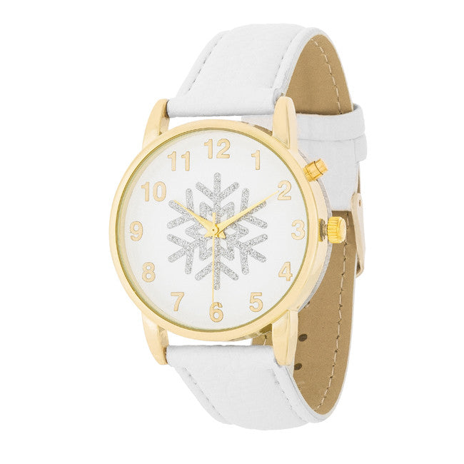 Gold Holiday Tune Watch With White Leather Strap