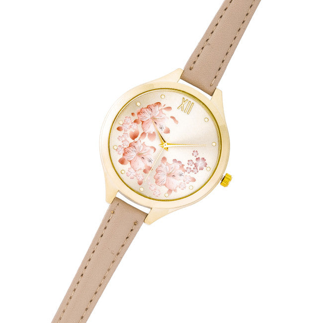 Gold Skinny Beige Leather Floral Watch
