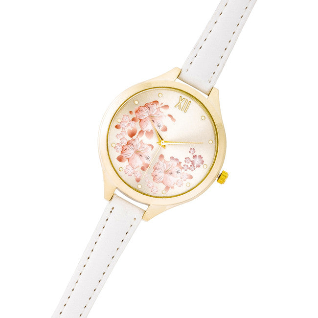 Gold Skinny White Leather Floral Watch