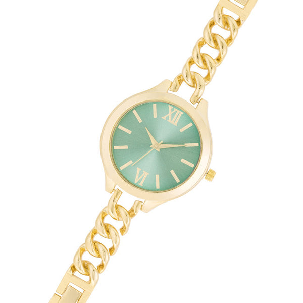 Gold Link Watch With Aqua Dial