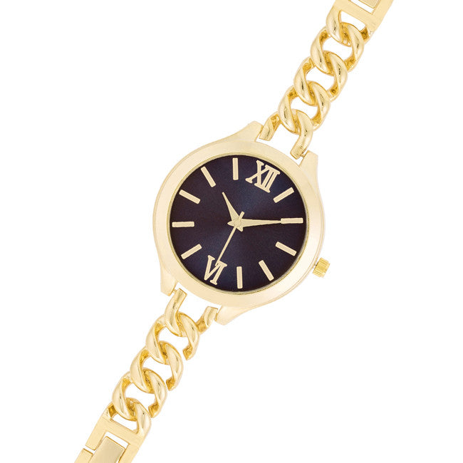 Gold Link Watch With Navy Dial