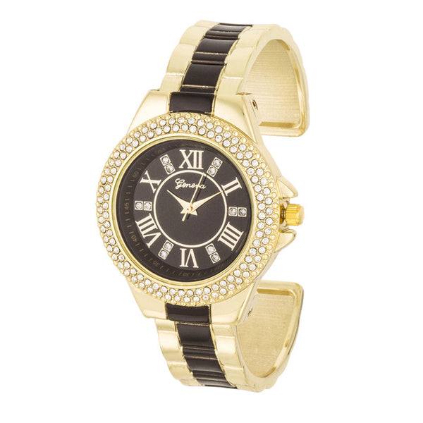 Gold Metal Cuff Watch With Crystals - Black