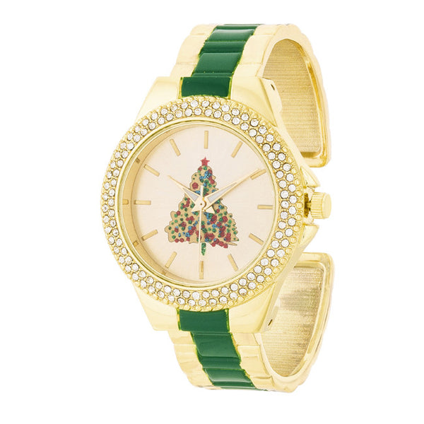Green And Gold Metal Christmas Tree Cuff Crystal Metal Watch