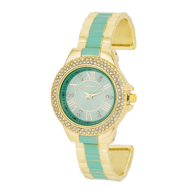 Gold Metal Cuff Watch With Crystals - Mint