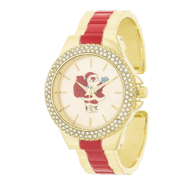 Red And Gold Metal Santa Cuff Crystal Metal Watch