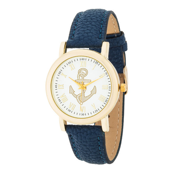 Natalie Gold Nautical Watch With Navy Blue Leather Band