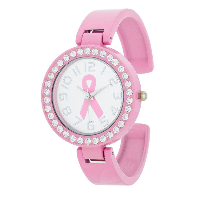 Breast Cancer Awareness Cuff Watch With Crystals