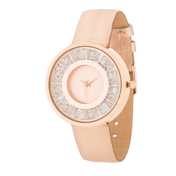 Gold Rose Leather Watch With Crystals