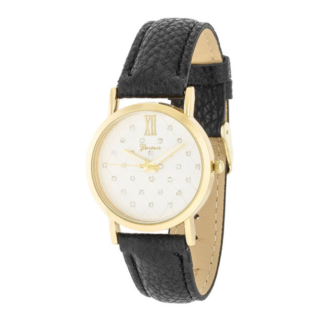 Gold Black Leather Watch