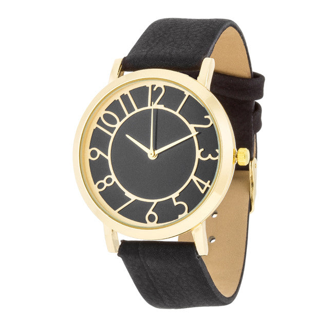 Gold Watch With Black Leather Strap