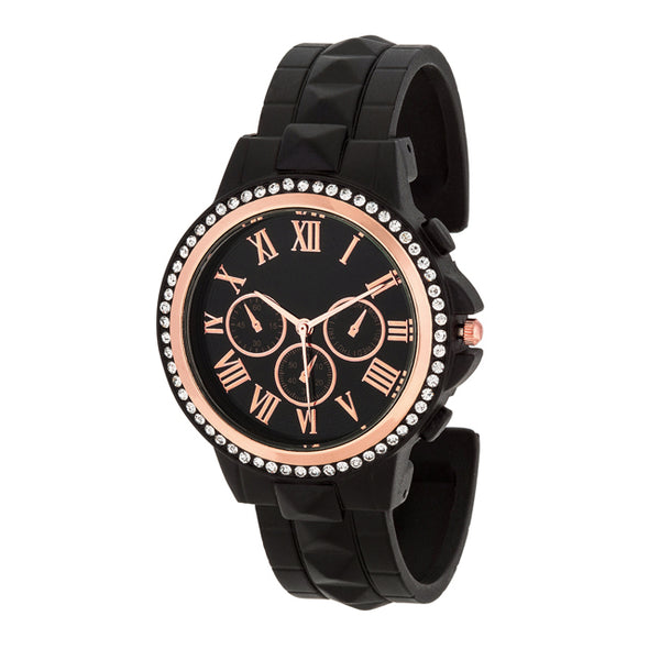 Ava Rose Gold Black Metal Watch With Crystals
