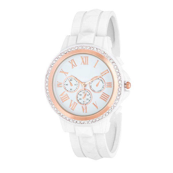 Ava Rose Gold White Metal Watch With Crystals