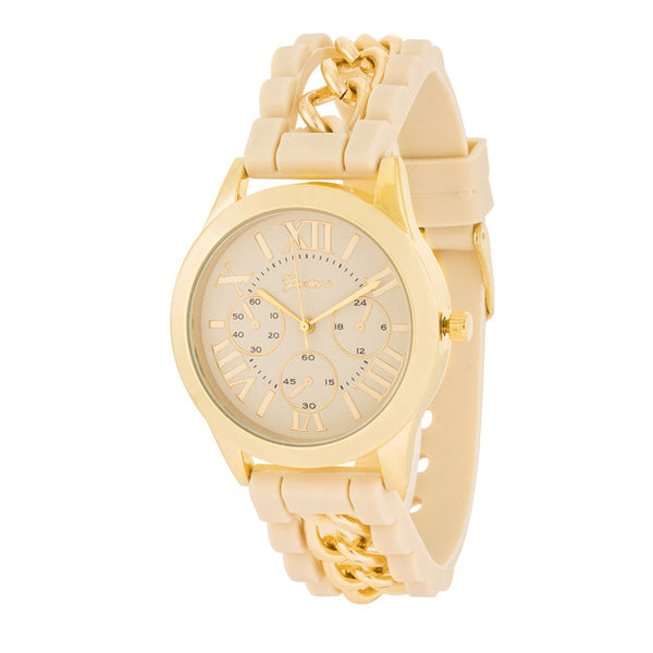 Gold Watch With Beige Rubber Strap