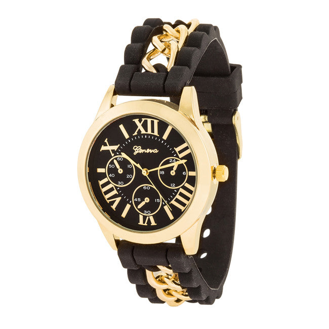 Gold Watch With Black Rubber Strap