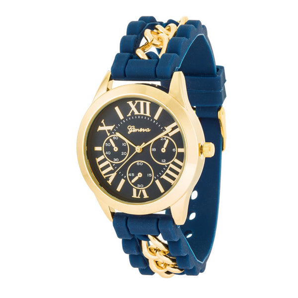 Gold Watch With Navy Blue Rubber Strap