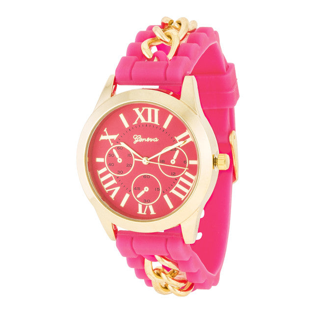 Gold Watch With Pink Rubber Strap